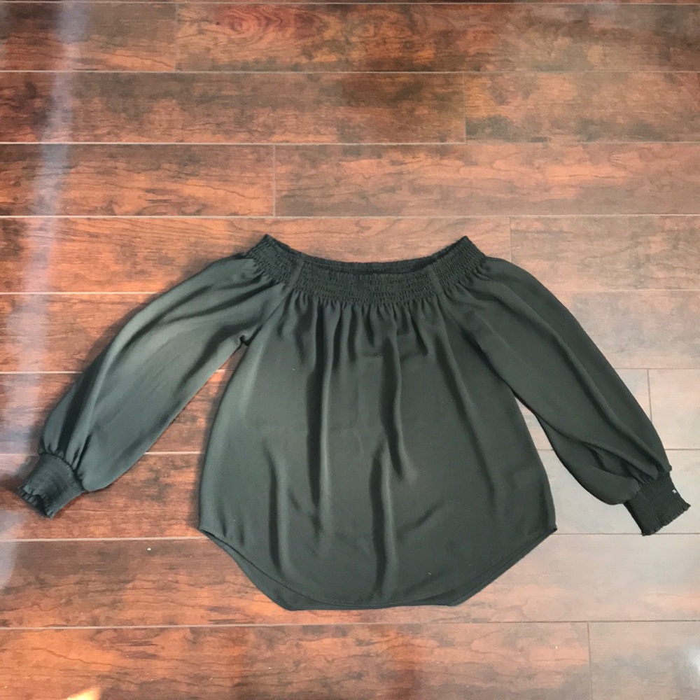 Olive green chiffon off the shoulder blouse